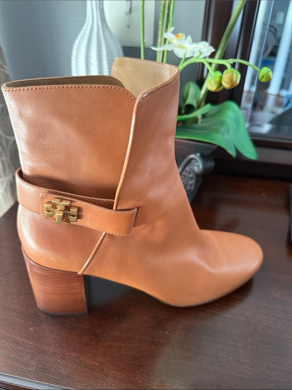 Tory Burch Tan Leather Ankle Boot with Gold Logo Accent